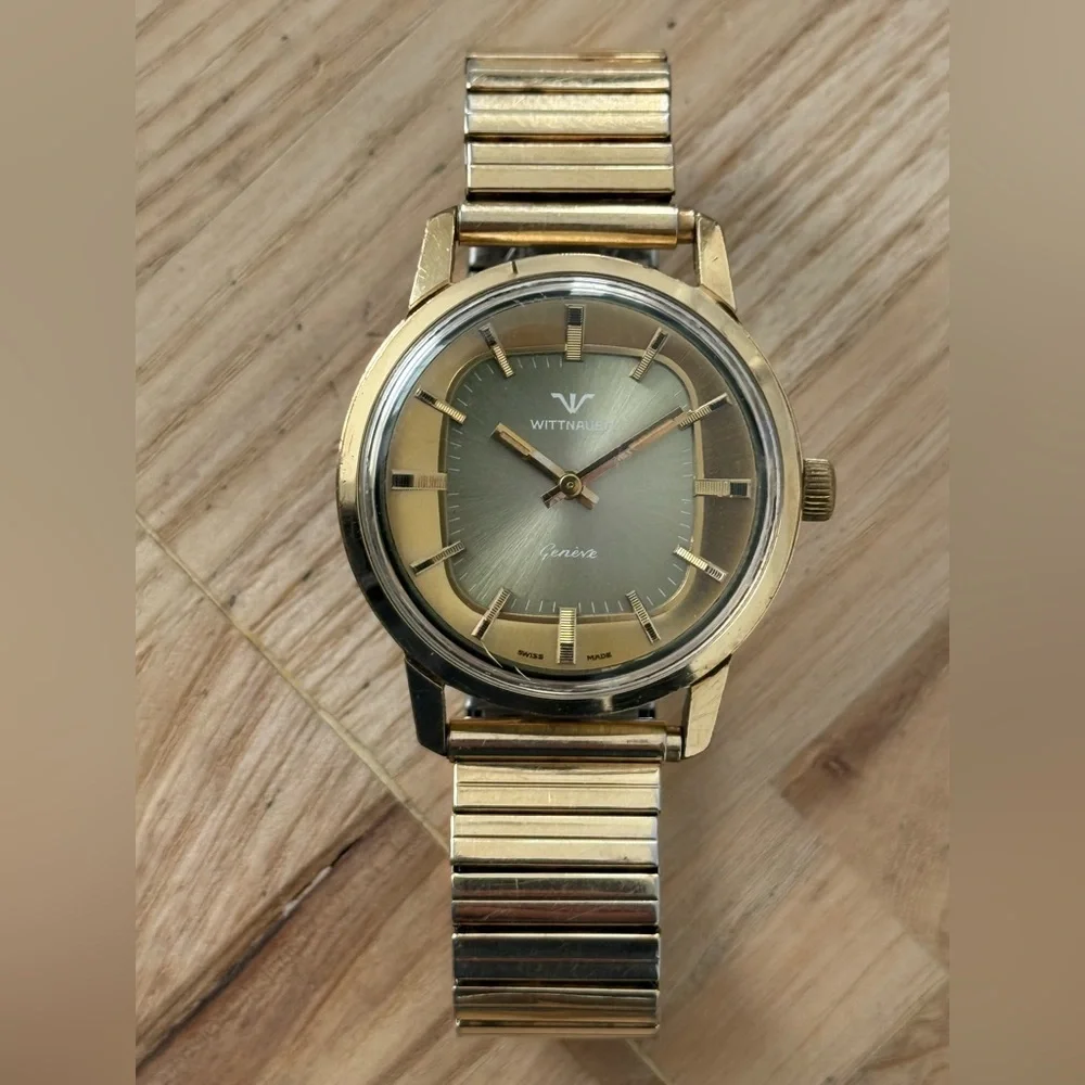 Wittnauer Geneve Ultra Rare Automatic Vintage Watch Gold Case Unique Dial Works